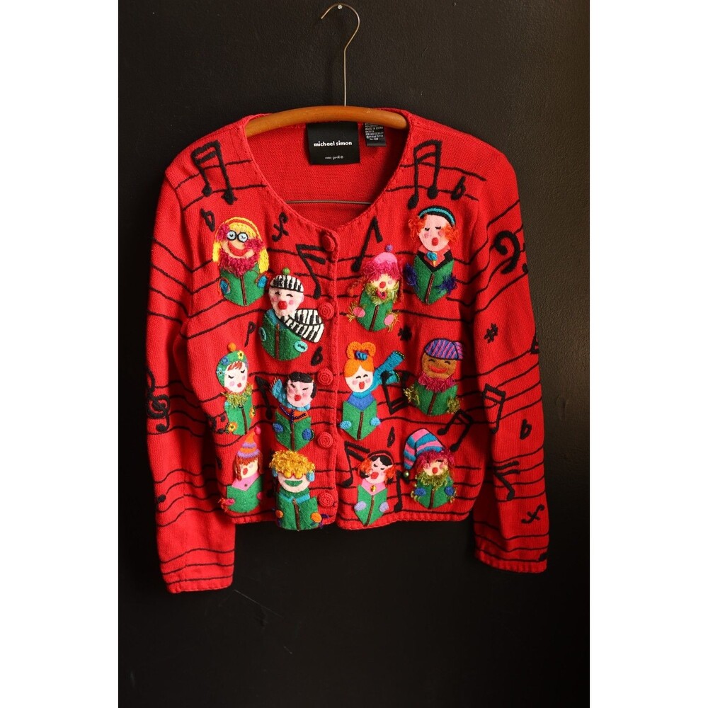 Vintage 90s Michael Simon 3D Choir Carolers Sweater Rare Christmas Musical